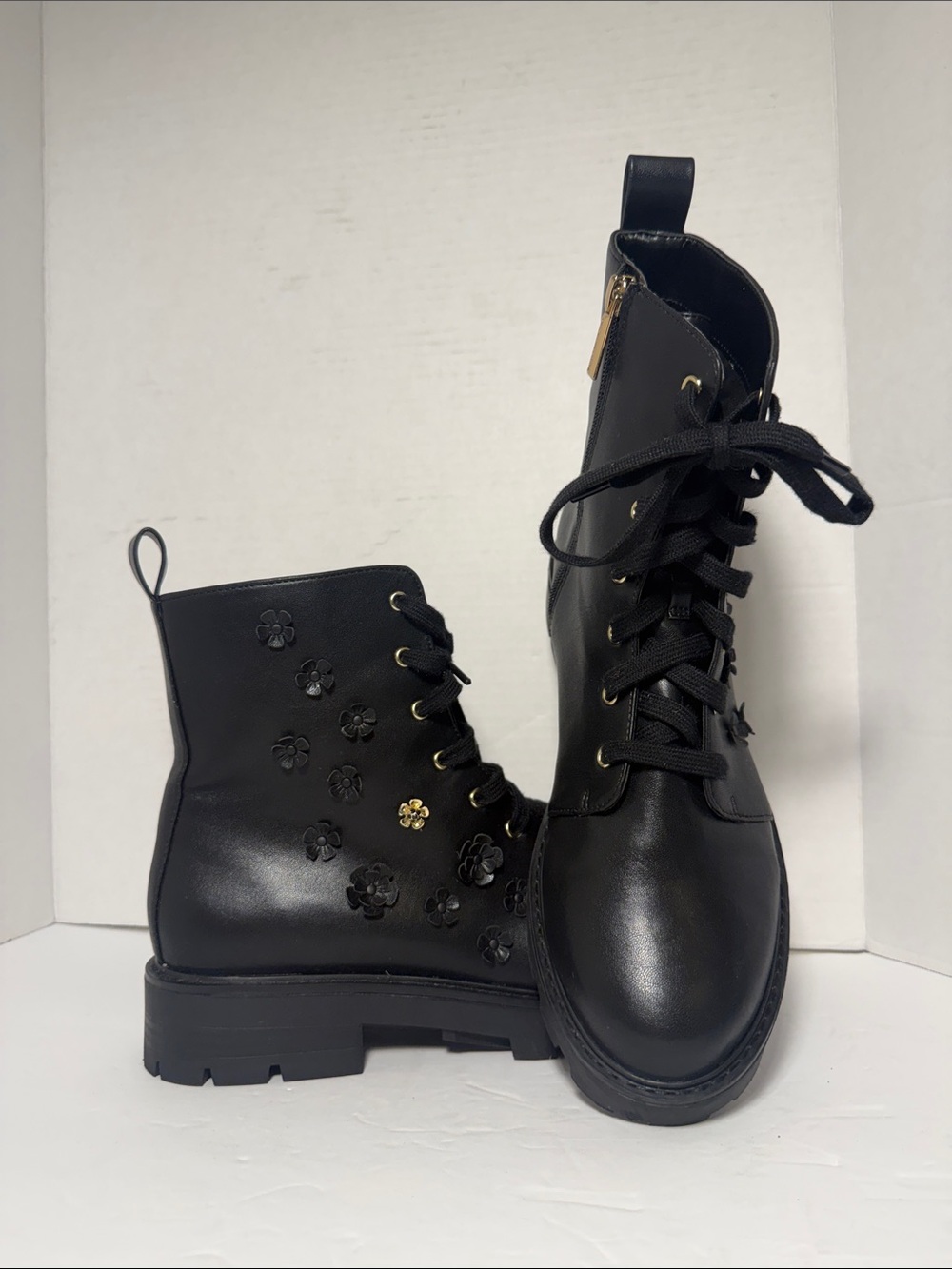 Karl Lagerfeld Black Floral Lace-Up Combat Boots